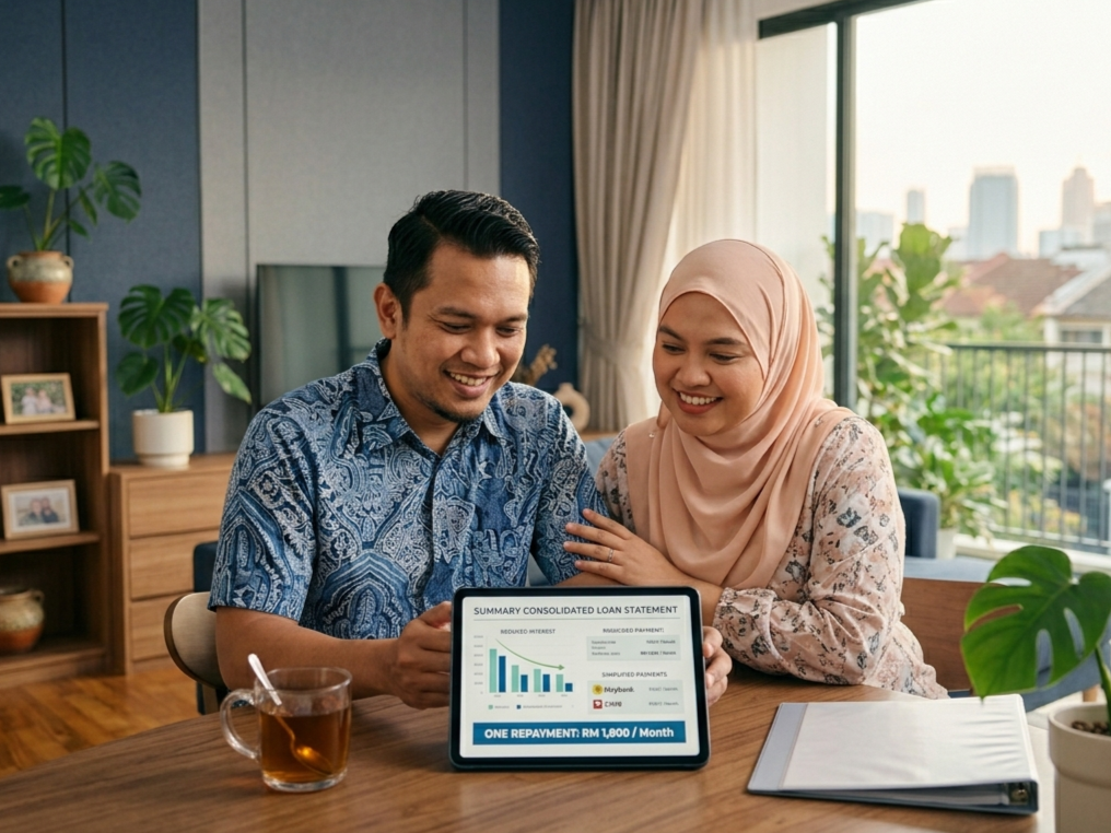 Malaysian couple reviewing simplified finances at home