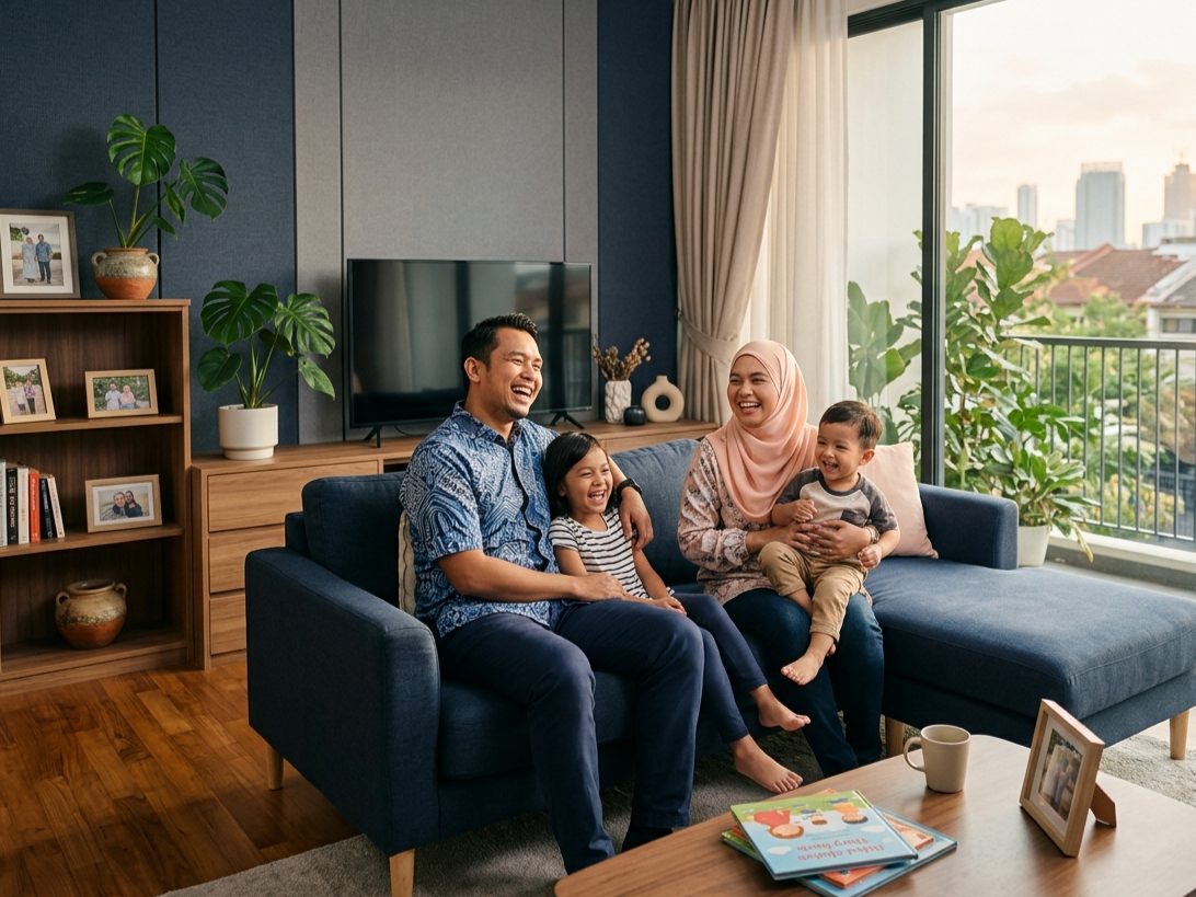 Malaysian family relaxing in their renovated home